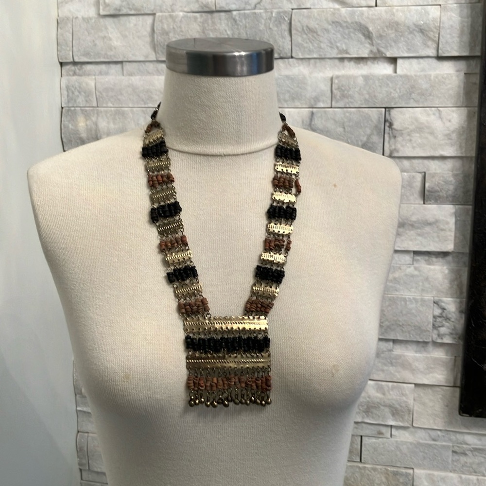Ethnic Necklace with Beautiful Gold Tin Metalwork. Fluid Bead Movement. Unique!